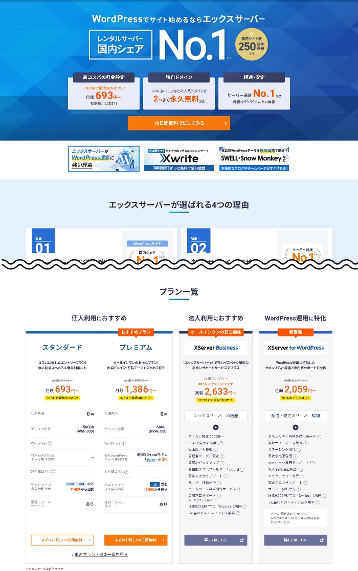 導入前：トップからプラン一覧（個人・法人・WordPress）の比較表までの縦スクロール