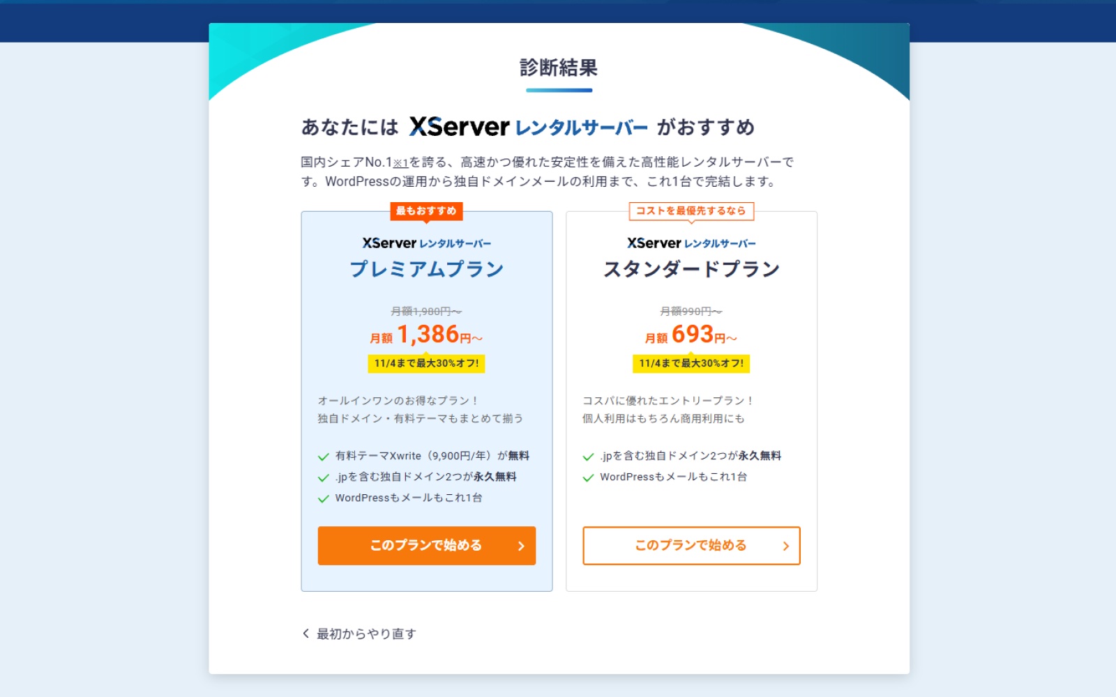 診断結果：プレミアム（最もおすすめ）とスタンダード（コストを最優先するなら）の2案