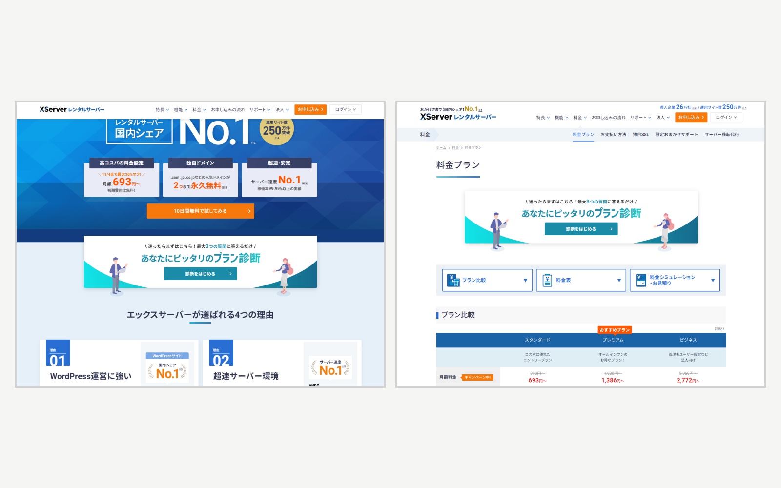 トップFV直下と料金ページ上部：同一デザインのプラン診断バナー2箇所