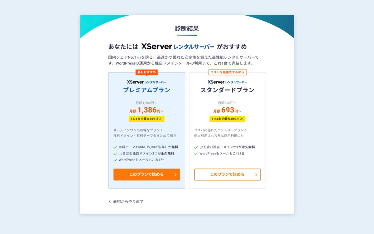 プラン診断結果：「最もおすすめ」プレミアムと「コストを最優先するなら」スタンダードの2案